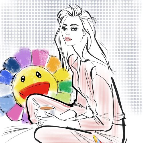 A girl sitting with toys illustrated with ink and brushstroke