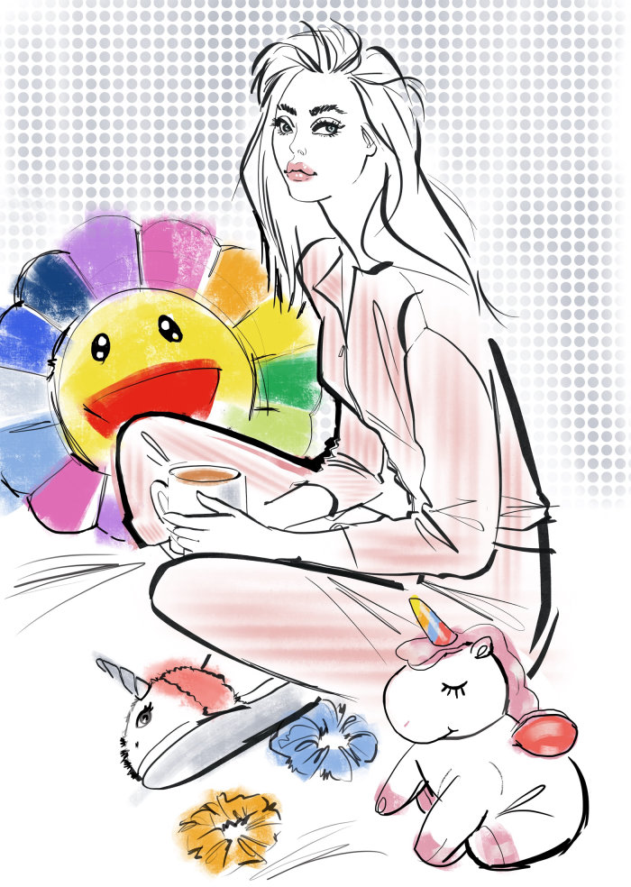 A girl sitting with toys illustrated with ink and brushstroke