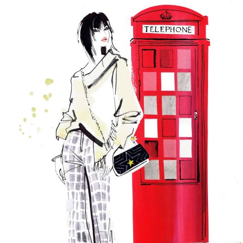 watercolor illustration of woman and red telephone booth