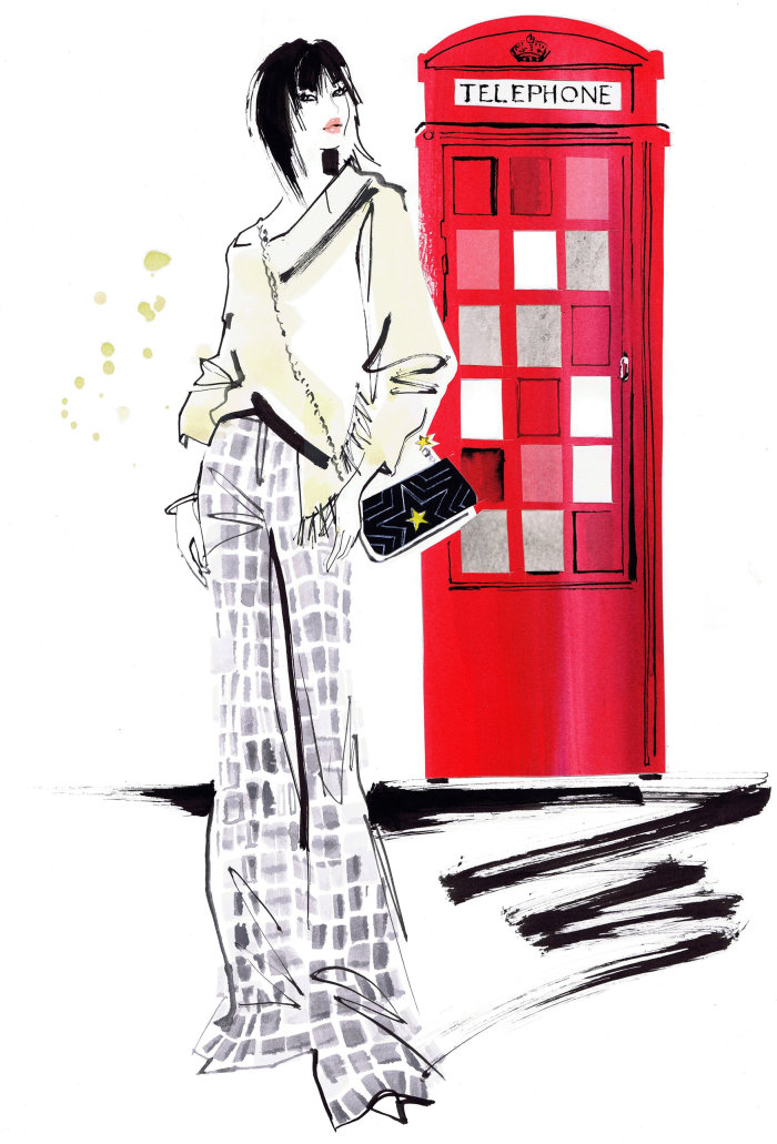 watercolor illustration of woman and red telephone booth