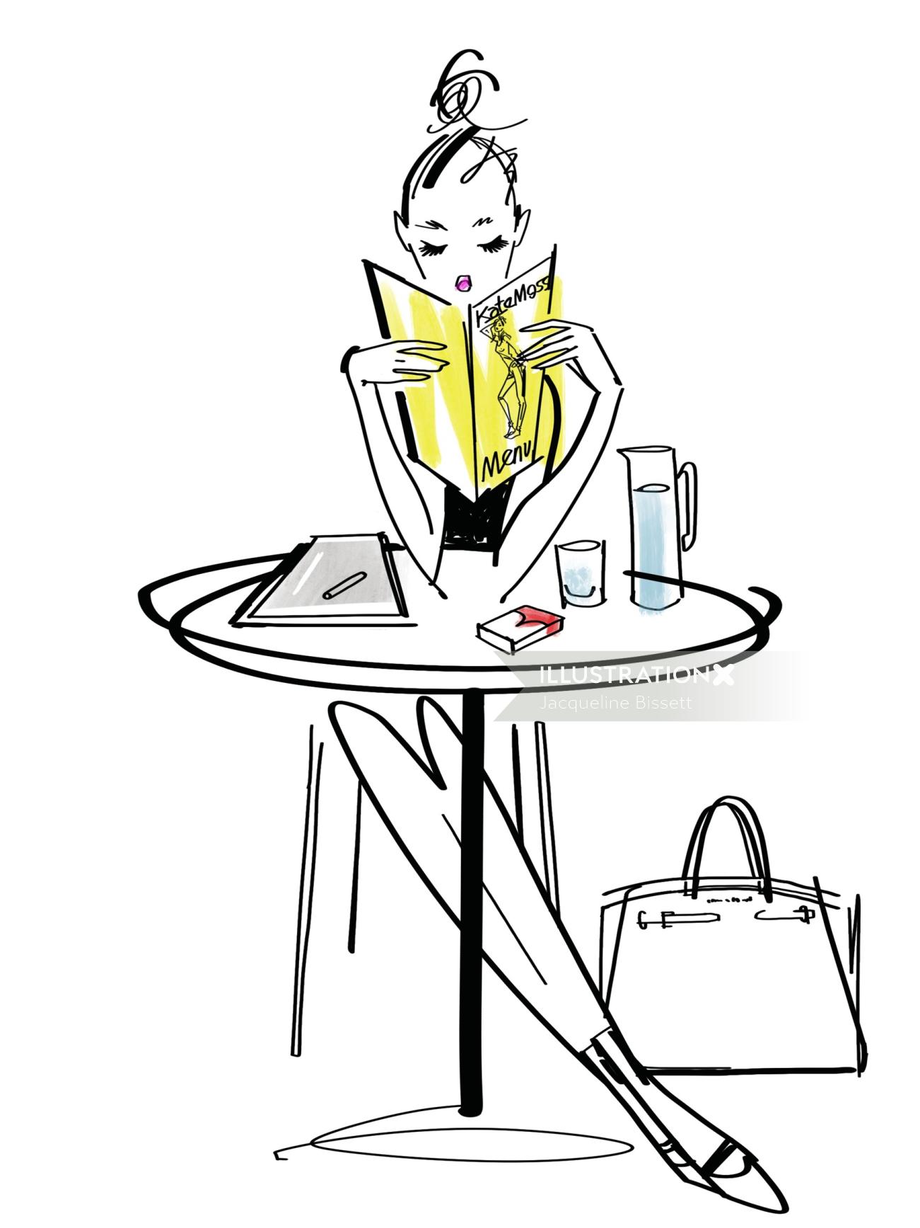 Menina da moda, lendo uma ilustração de linha do livro