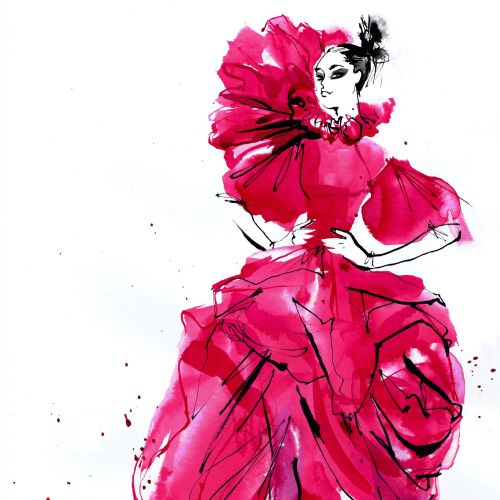 Long flowing red gown fashion illustration for McQueen Creators