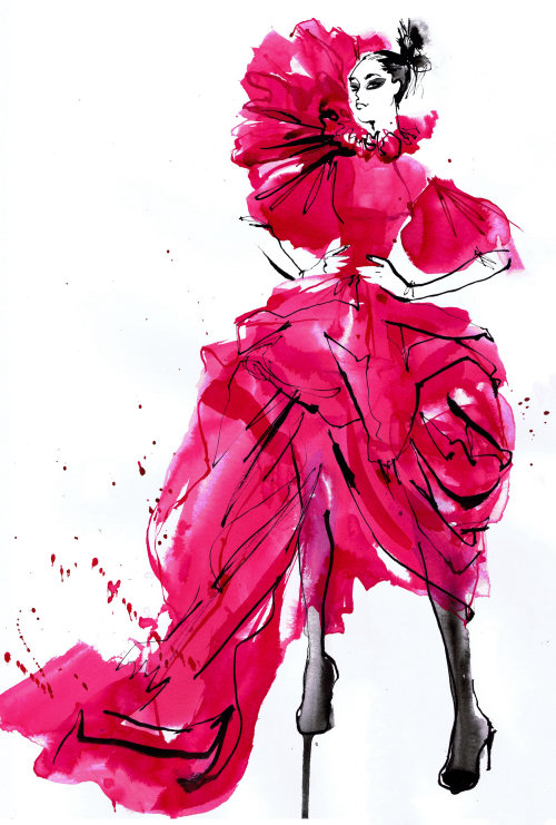 McQueen创作者的长流红色礼服时装插画