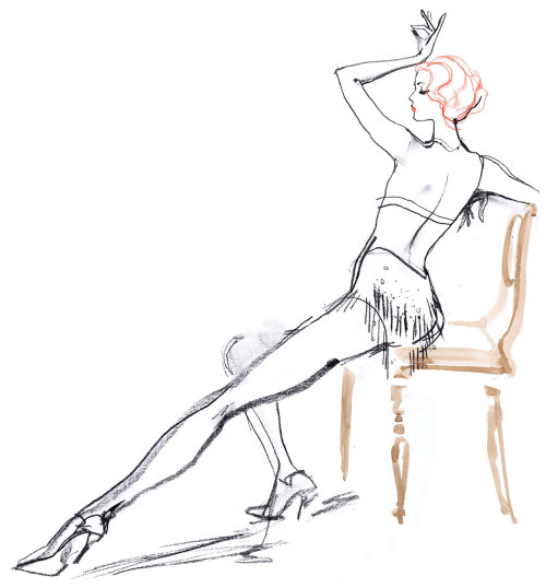 Line drawing of model posing in chair
