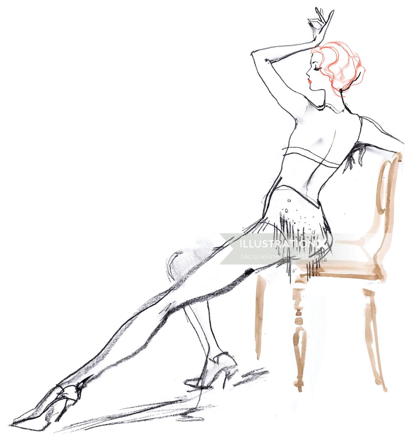 Line drawing of model posing in chair
