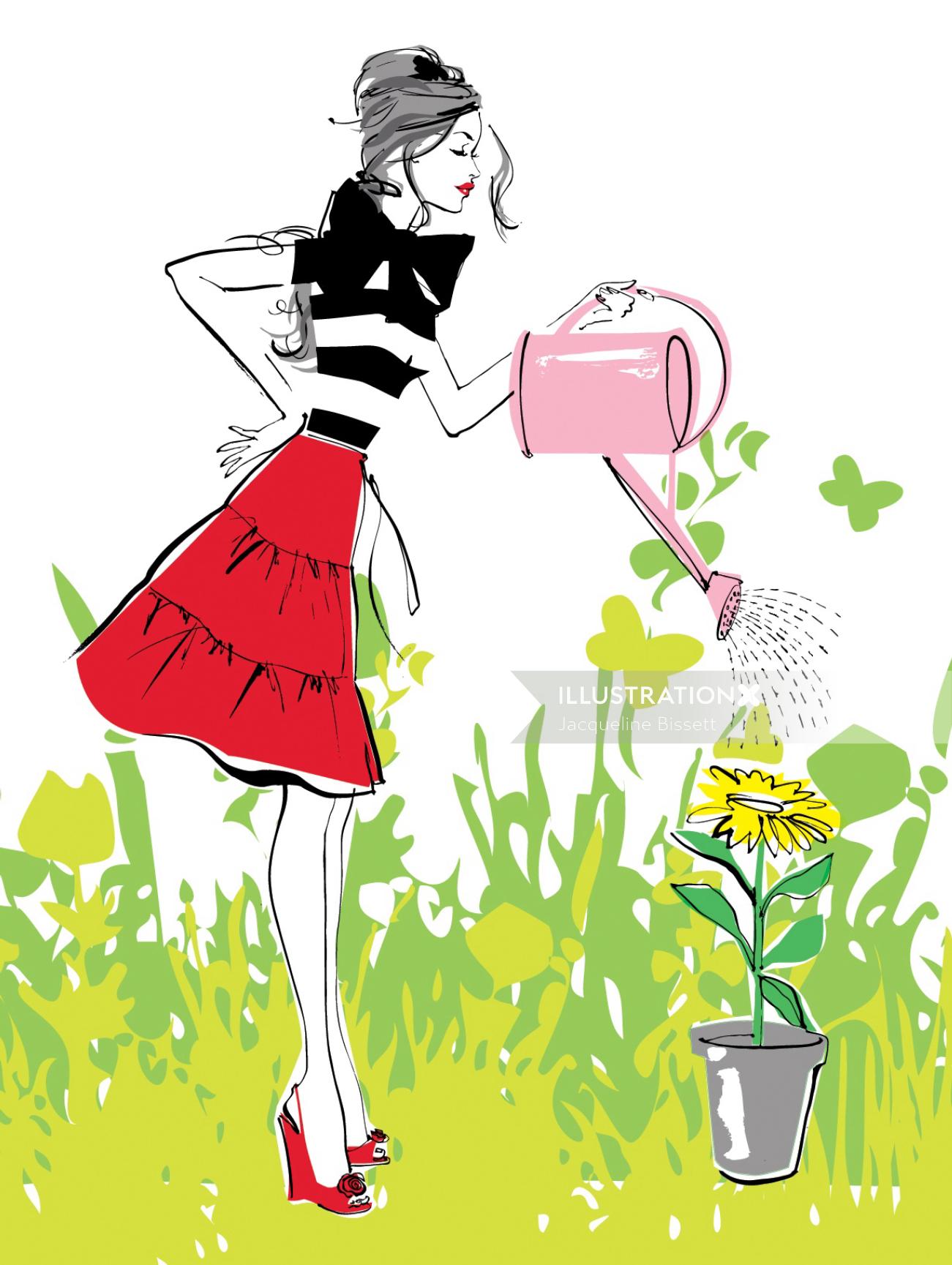 line illustration of lady watering plants flowers 