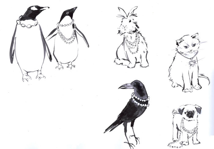 Black & white sketch of animals & birds