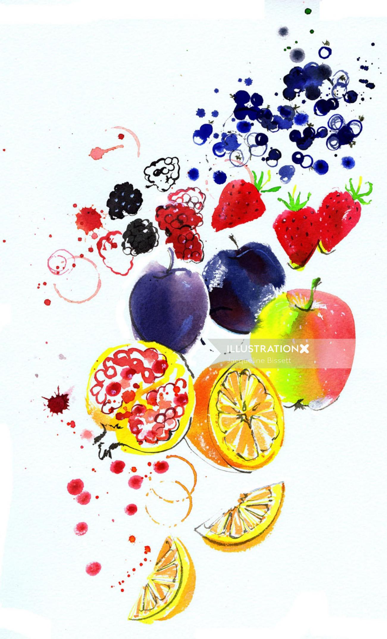 Pintura em aquarela de frutas