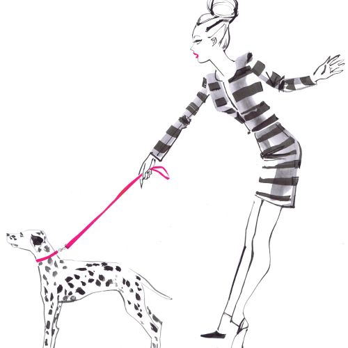 Lady holding dog illustration for Hallhuber charity scarf by Jacqueline Bissett