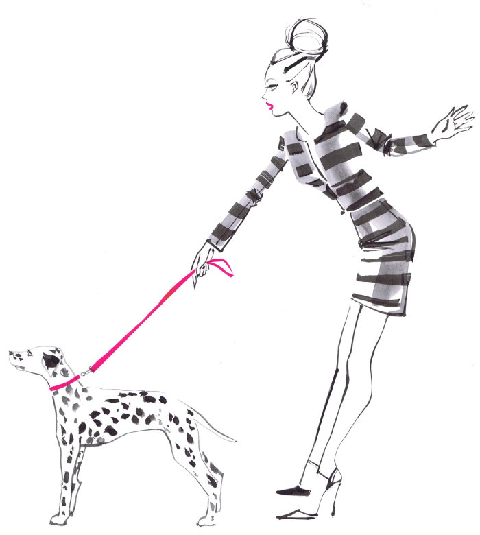 Lady holding dog illustration for Hallhuber charity scarf by Jacqueline Bissett