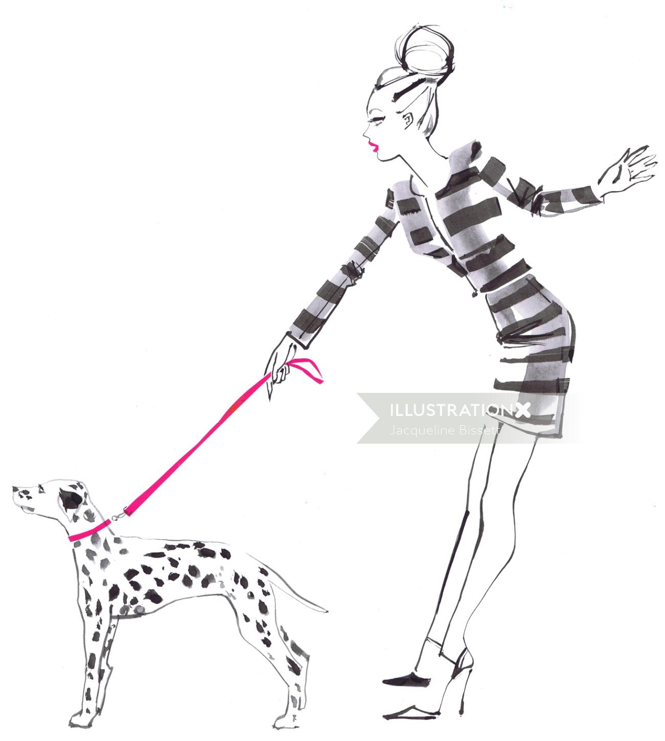 Senhora, segurando, cão, ilustração, para, Hallhuber, caridade, cachecol, por, Jacqueline Bissett