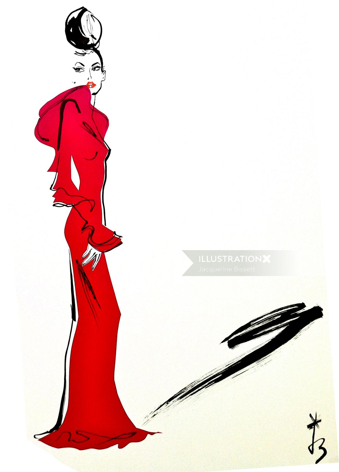 Lady in red, fashion illustration by  Jacqueline Bissett