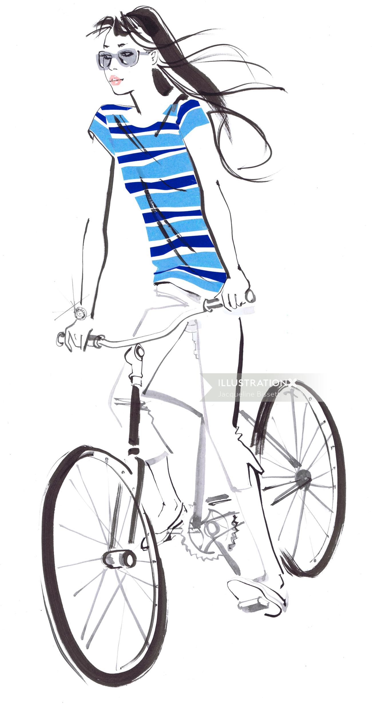 dame en haut à rayures bleues sur vélo - une illustration de Jacqueline Bissett