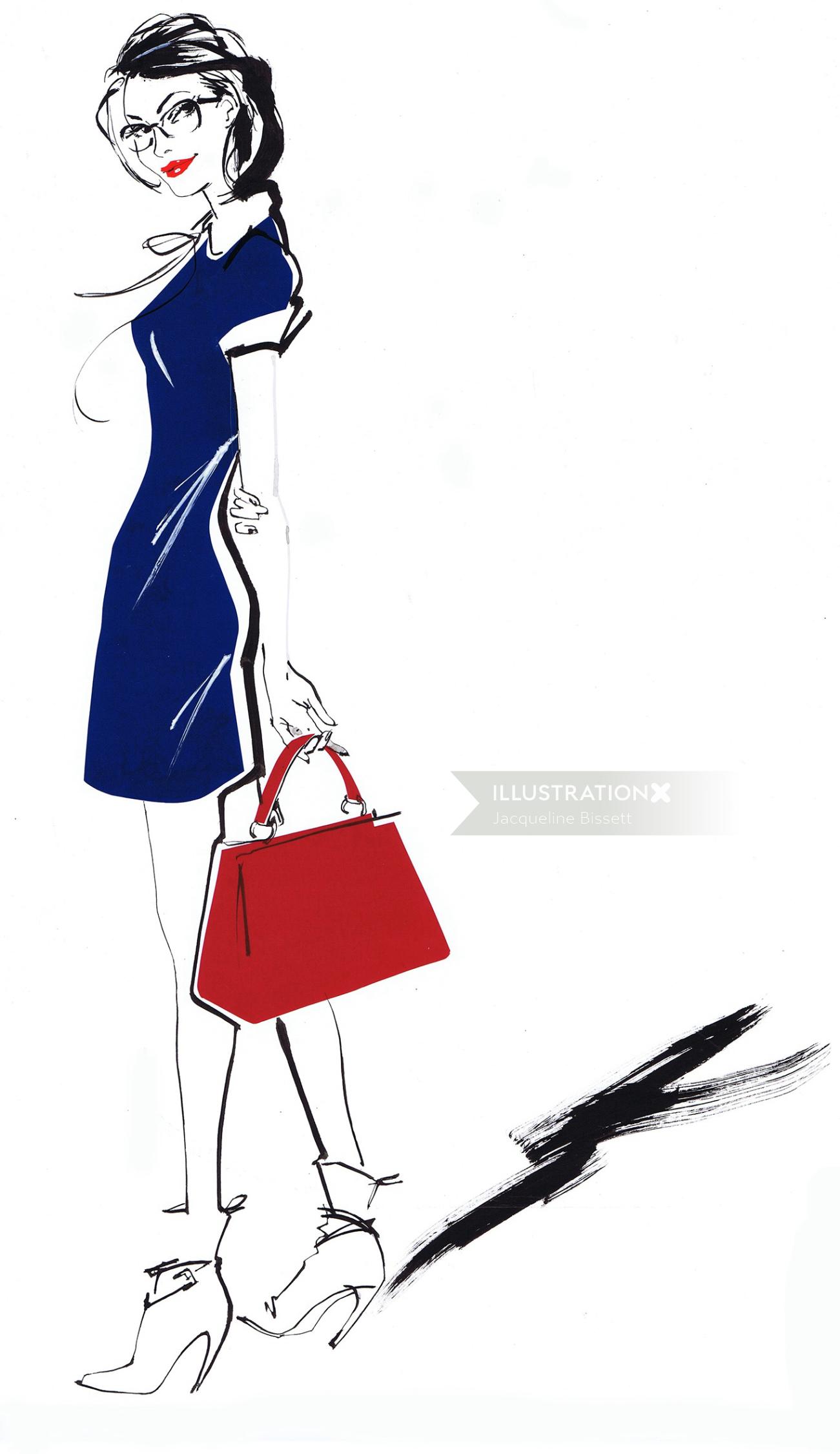 Live event drawing of beautiful lady with handbag