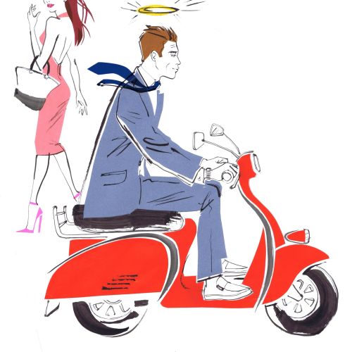 Gorgeous Lady looking a Man on Scooter- Watercolor