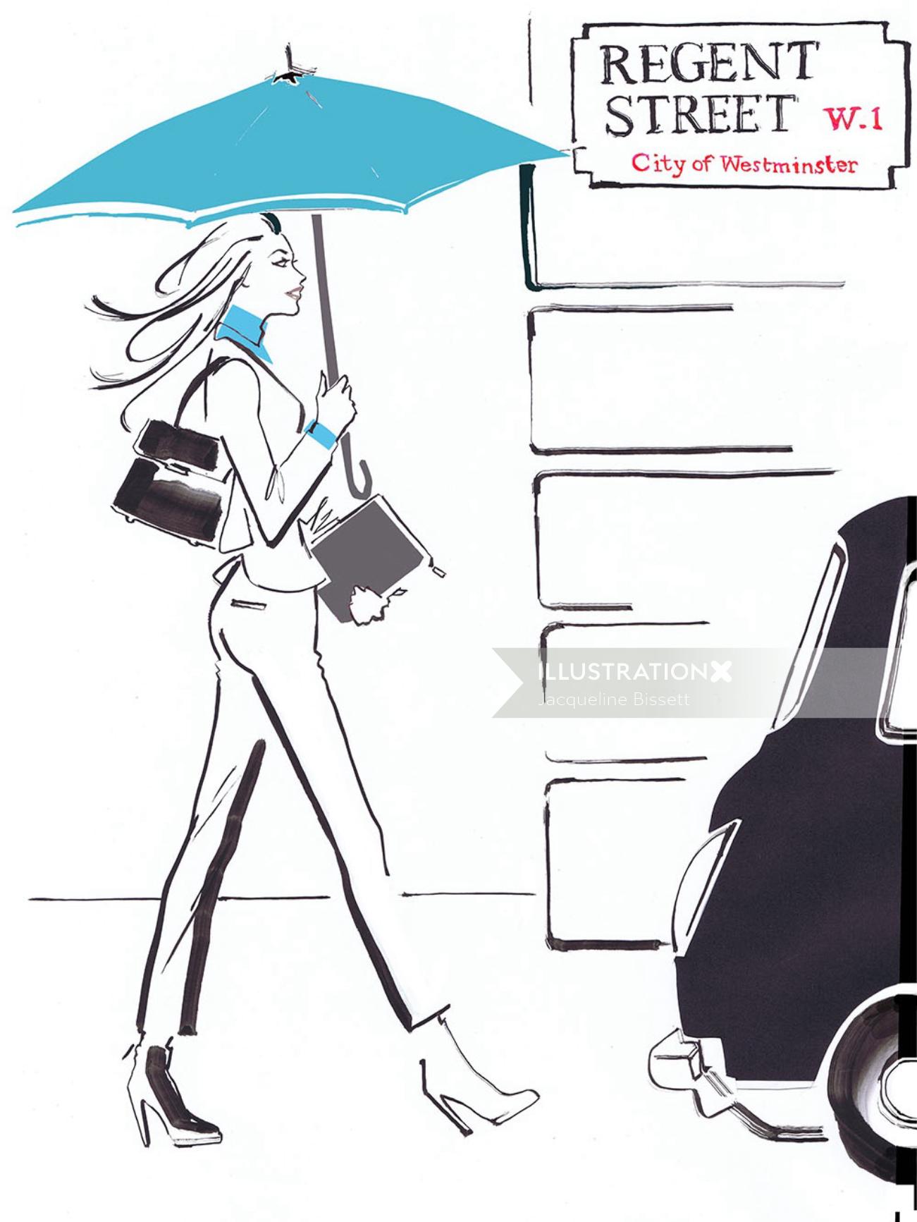 Illustration of lady with umbrella