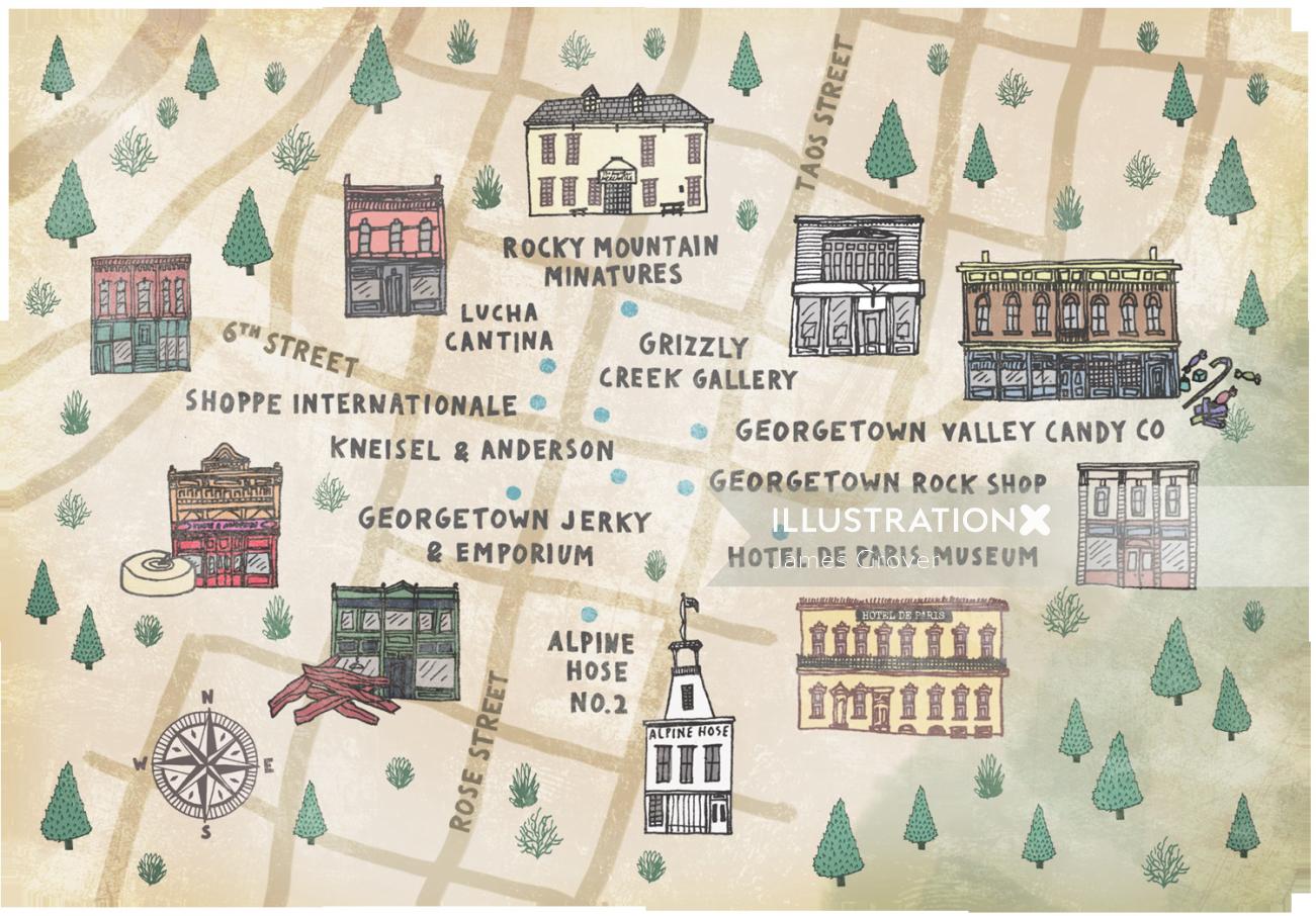 Dessin cartographique des maisons et des arbres par James Grover