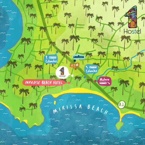 Ilustração do mapa da praia de Mirissa