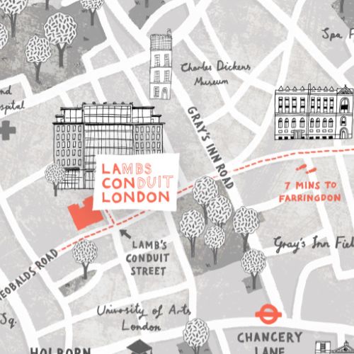 Map illustration of Lamb's Conduit street, London
