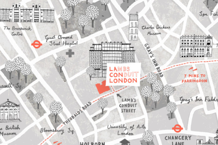 Map illustration of Lamb's Conduit street, London
