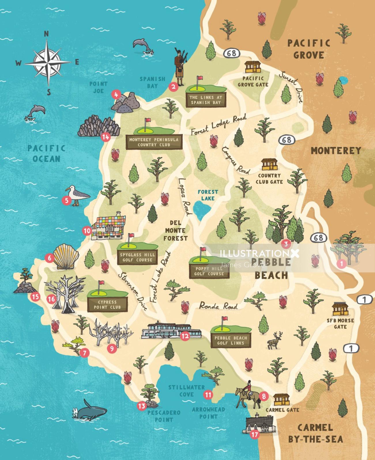Pebble beach map illustration 
