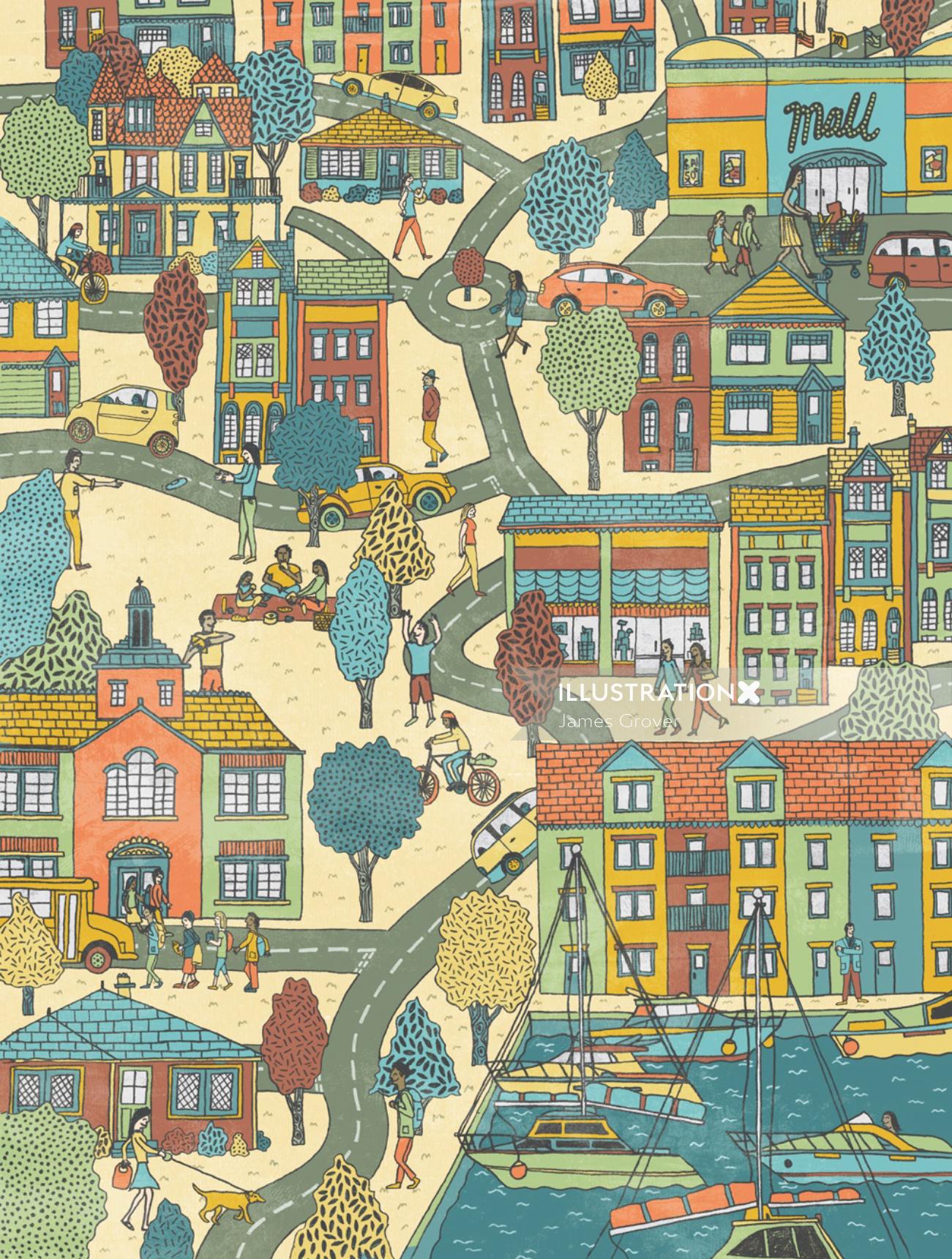 Illustration de la carte de la ville par James Grover