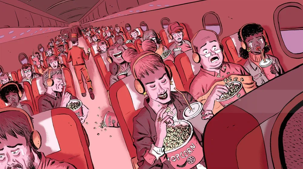 Flugzeugpassagiere essen Popcorn und trinken Limonade in der Flugzeugkabine (Foto: Jamie Coe)