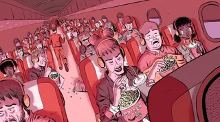 Airplane passengers eating popcorn and drinking soda inside an aircraft cabin by Jamie Coe