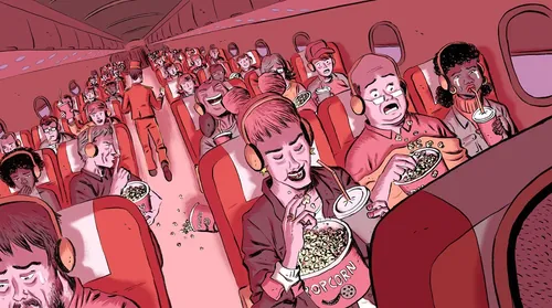 Airplane passengers eating popcorn and drinking soda inside an aircraft cabin by Jamie Coe