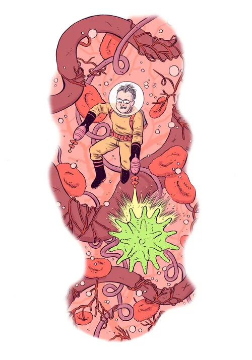 Cartoon & Humor man shooting in space suit
