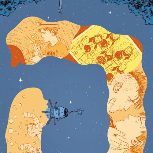 Comic illustration of life in space
