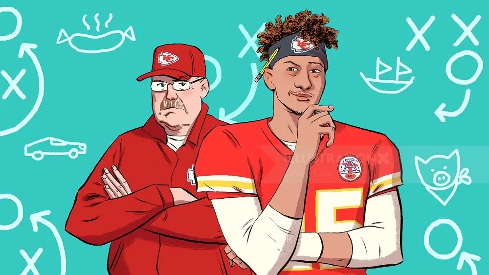 Artwork showing NFL quarterback Patrick Mahomes with head coach Andy Reid