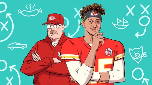 Artwork showing NFL quarterback Patrick Mahomes with head coach Andy Reid