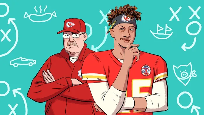 Artwork showing NFL quarterback Patrick Mahomes with head coach Andy Reid