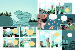 Comic-style multi-panel illustration showing diverse character interactions
