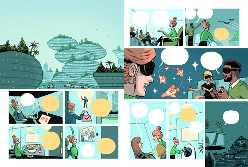 Comic-style multi-panel illustration showing diverse character interactions