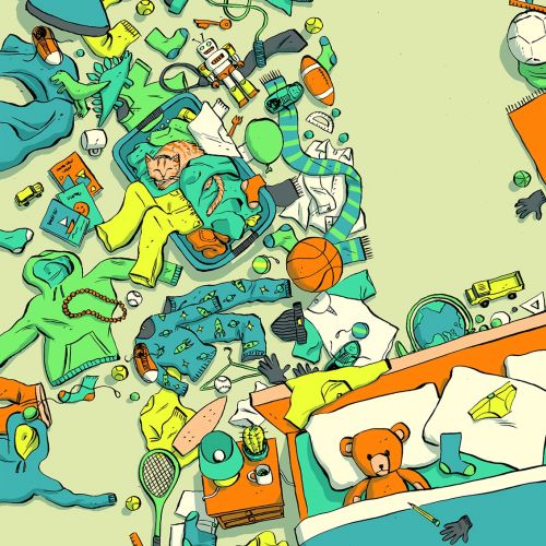 Messy child’s bedroom illustration showing untidiness and playful disorder