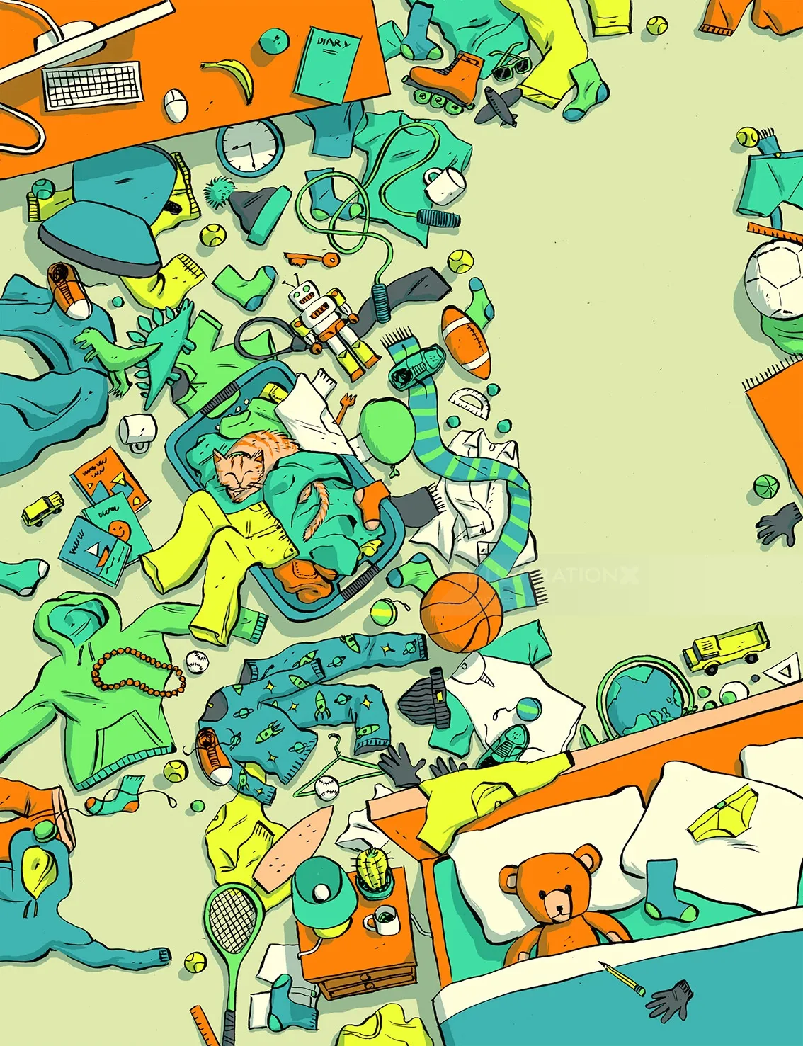 Messy child’s bedroom illustration showing untidiness and playful disorder