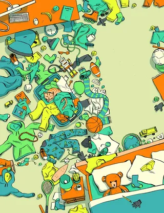 Messy child’s bedroom illustration showing untidiness and playful disorder