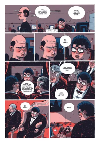 Comic strip with two men talking in an office setting by Jamie Coe