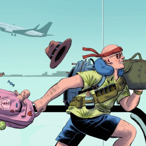 Pop art-style illustration of a rushing passenger for The Telegraph