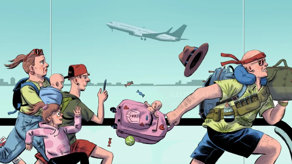 Pop art-style illustration of a rushing passenger for The Telegraph