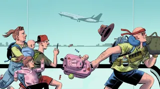 Pop art-style illustration of a rushing passenger for The Telegraph