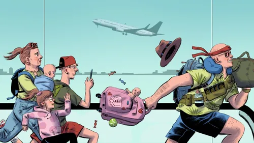 Pop art-style illustration of a rushing passenger for The Telegraph