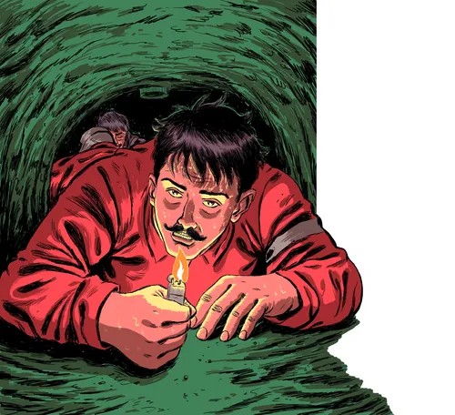 Men exploring eerie green-hued tunnel with small flame