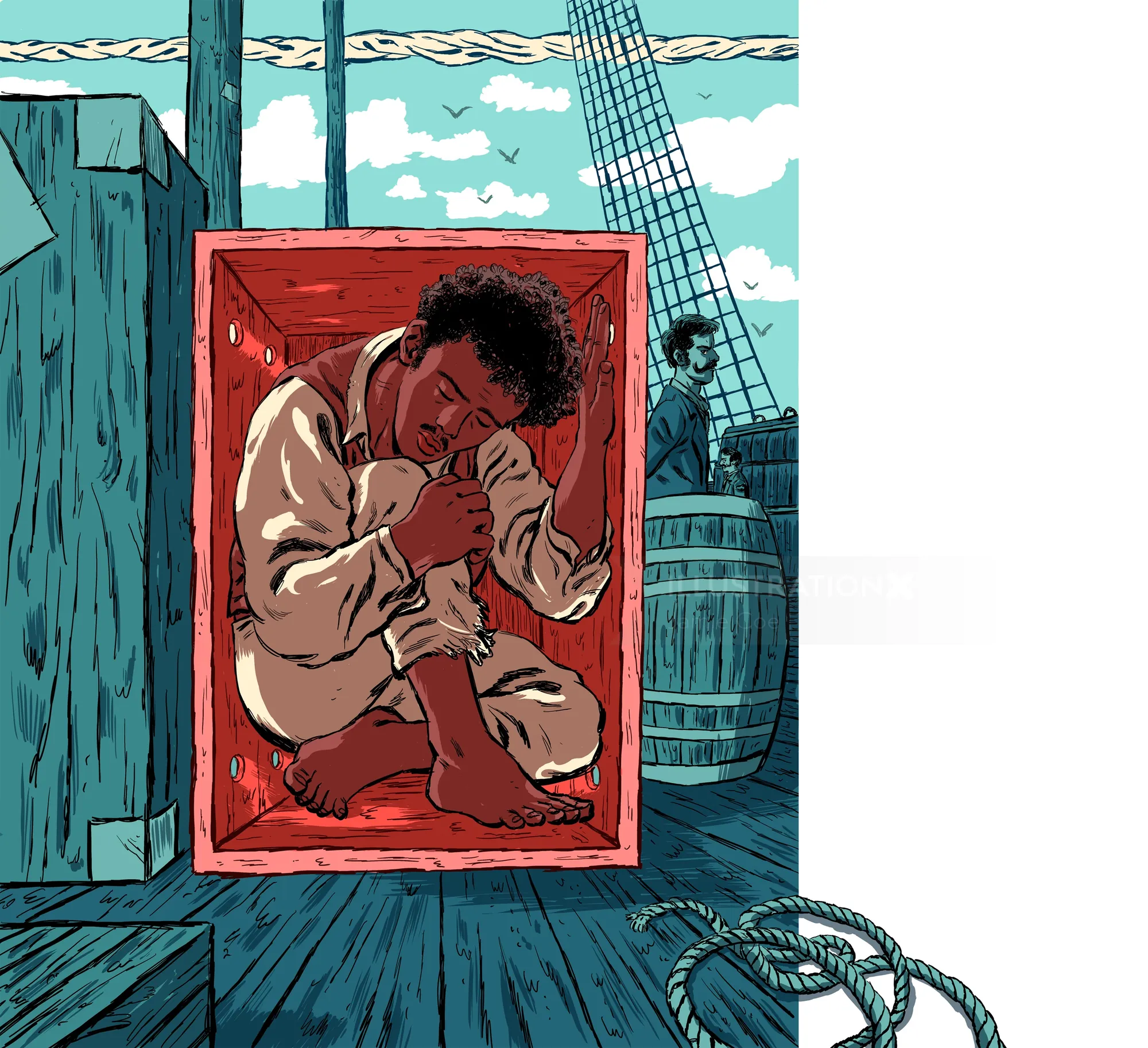 Curled up child in cargo crate on sailing vessel