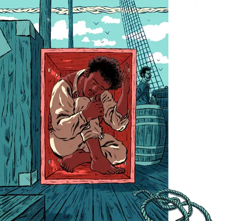 Curled up child in cargo crate on sailing vessel