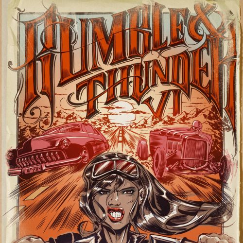 Rumblex Thunder IV poster with two race cars and a bold driver holding a steering wheel by Jan Meini