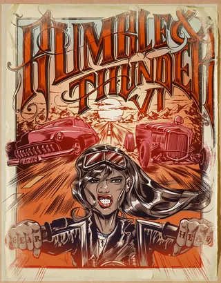 Rumblex Thunder IV poster with two race cars and a bold driver holding a steering wheel by Jan Meini
