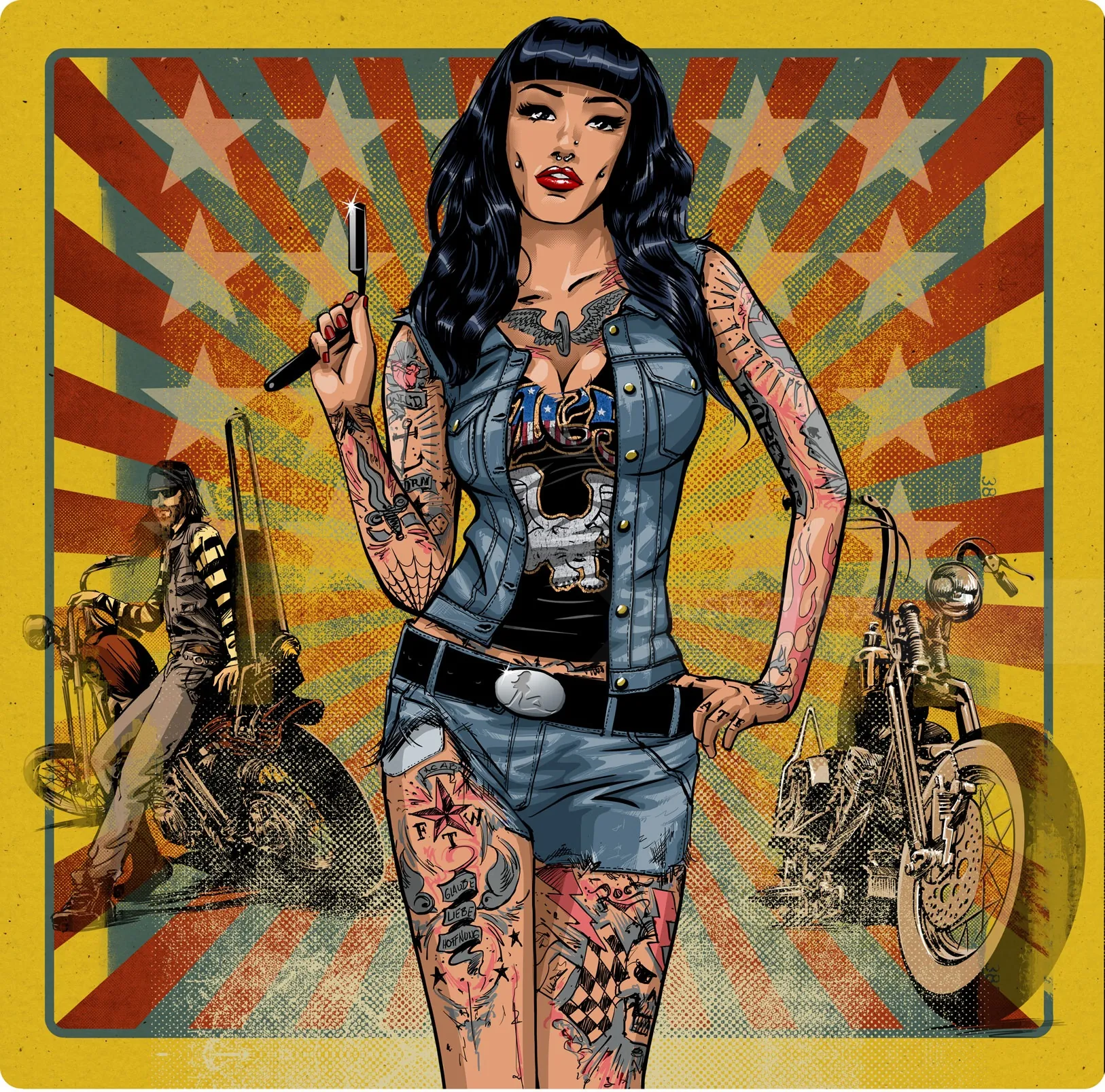 Tattooed woman in denim vest and shorts with motorcycles by Jan Meininghaus